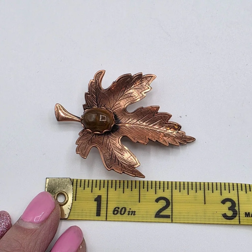 Vintage‎ Renoir Copper Maple Leaf Brooch Brown Stone Cabochon Mid Century Pin